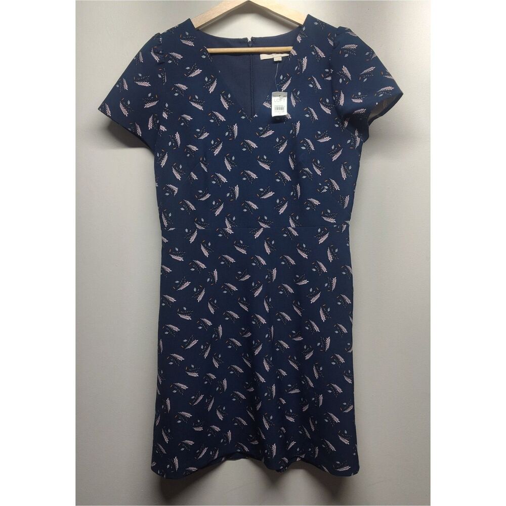 Loft Mini Dress Women Size 8 Navy Blue Pink Floral Short Sleeve Cocktail Modest